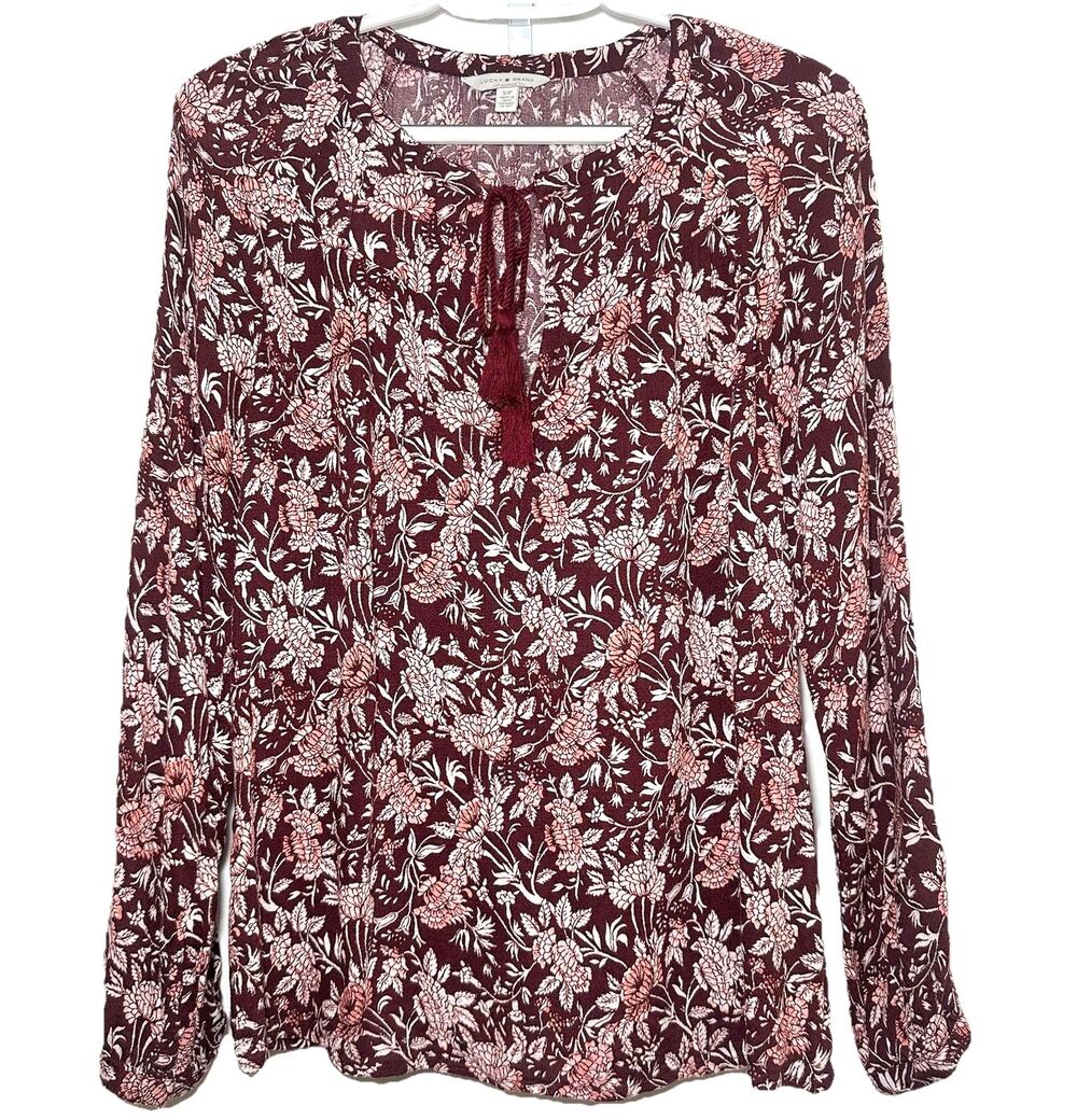 Lucky Brand Boho Floral Blouse Small Burgundy Tassel Tie Peasant Top Viscose